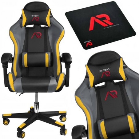 FOTEL GAMINGOWY SZARO - CZARNO - ŻÓŁTY + PODKŁADKA