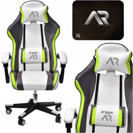 FOTEL GAMINGOWY BIAŁO - CZARNO - ZIELONY + PODKŁADKA